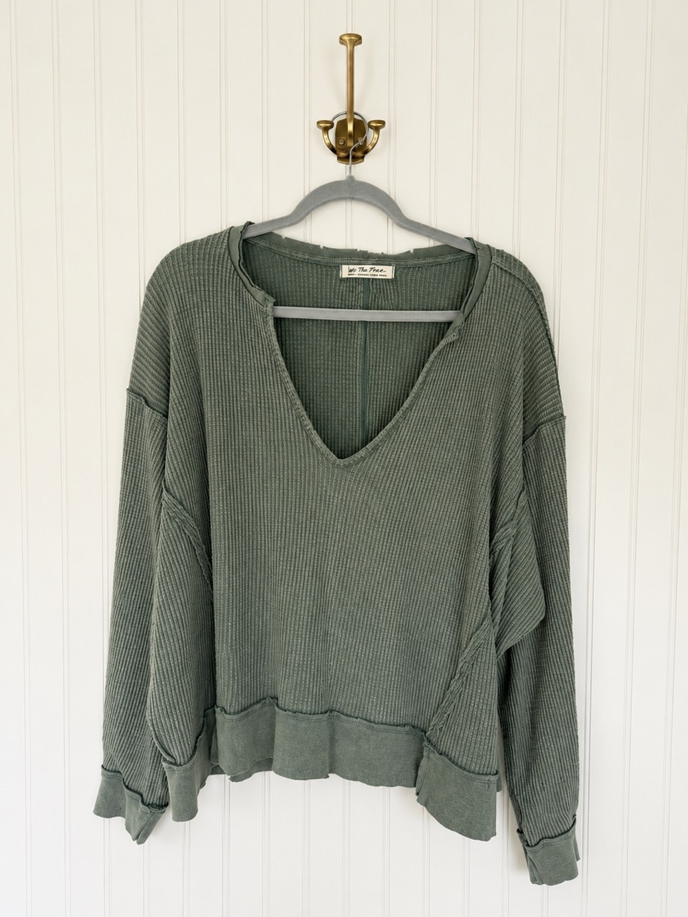 We The Free Olive Green Waffle V-Neck Pullover